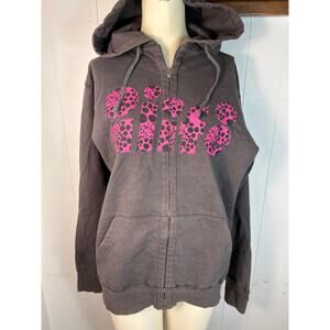 alife dark gray full Zip hoodie with hot pink logo with polka dots. Size M